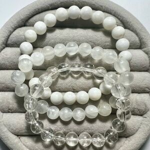 Clear Quartz And Moonstone Beaded Stretch Bracelet Set
